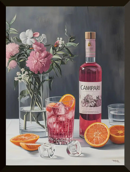 Botella de Campari y escena de coctel