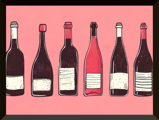 Cinco botellas de vino ilustradas