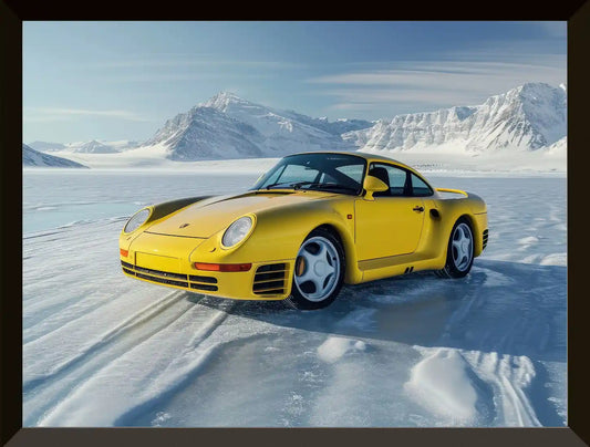 Coche amarillo en un paisaje helado