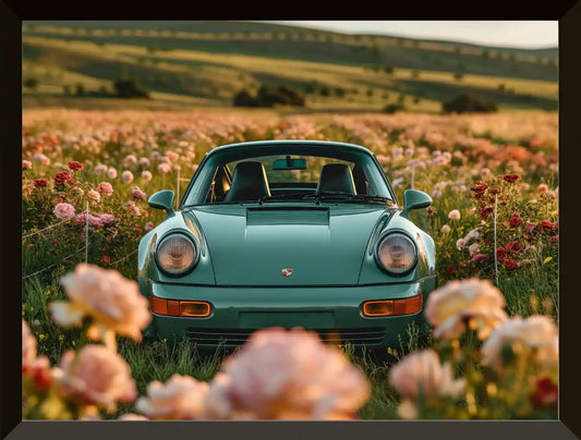 Coche en un campo de flores