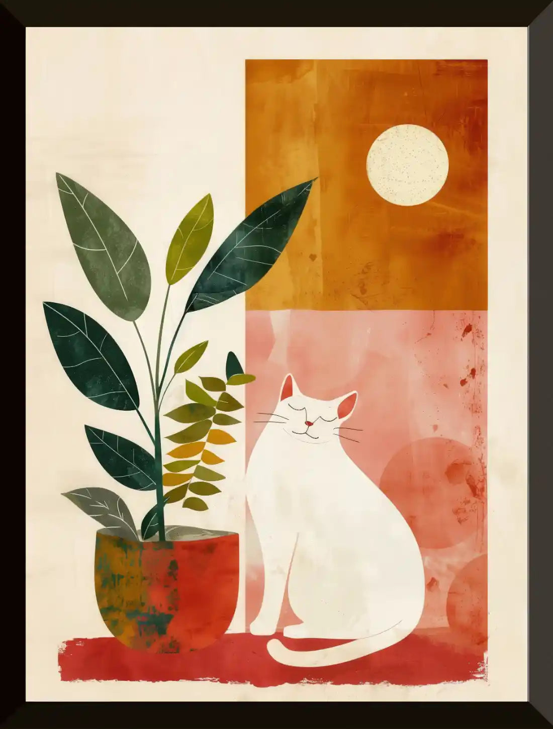 Gato con planta y fondo abstracto