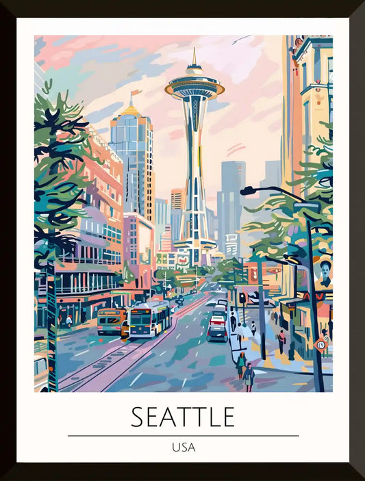 Ilustracion del paisaje urbano de Seattle EEUU