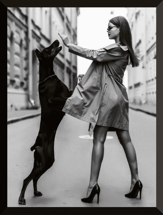 Mujer con perro en blanco y negro