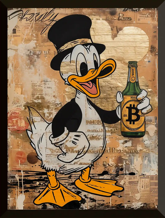 Pato sosteniendo una botella de Bitcoin