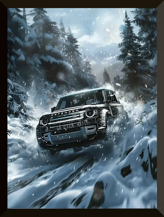 SUV conduciendo por un bosque nevado